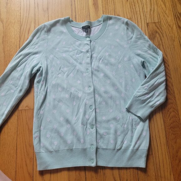 Talbots Petites Mint Green & White Polka Dot Cardigan Sweater SP NWOT - Picture 3 of 5